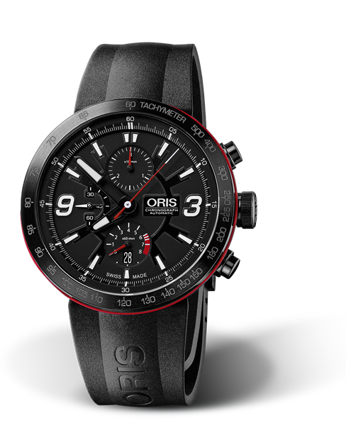 TT1 Chronograph, 45mm, Black, Rubber Strap, Stainless steel crown and pushers black PVD plated, Multi-piece stainless steel case, black PVD plated, ceramic tachymeter scale top ring