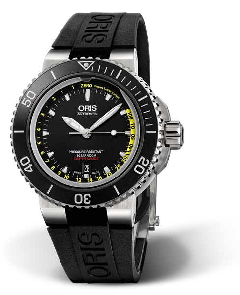 Aquis Depth Gauge, 46.00 mm, Black, Rubber Strap, Stainless steel crown, Multi-piece stainless steel case, ceramic minutes scale top ring