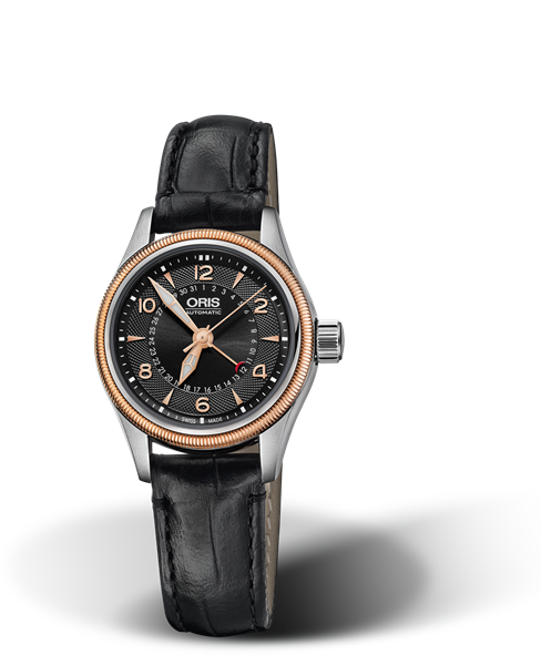 Big Crown Pointer Date, 29mm, Black, Leather Strap, Stainless steel screw-in security crown, Multi-piece stainless steel case, rose gold PVD plated top ring