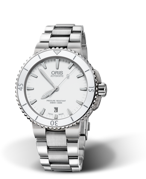Aquis Date, 40.00 mm, White, Stainless steel Strap, Stainless steel screw-in security crown, Multi-piece stainless steel case, ceramic minutes scale top ring