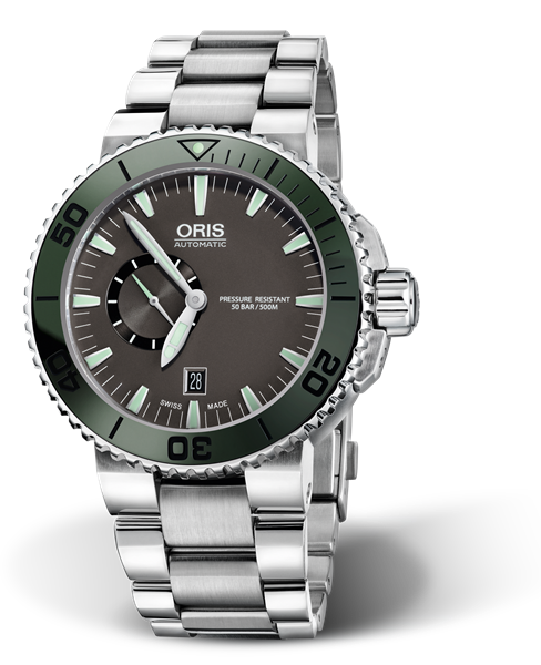 Aquis Small Second, Date, 46.00 mm, Grey, Stainless steel Strap, Stainless steel screw-in security crown, Multi-piece stainless steel case, ceramic minutes scale top ring