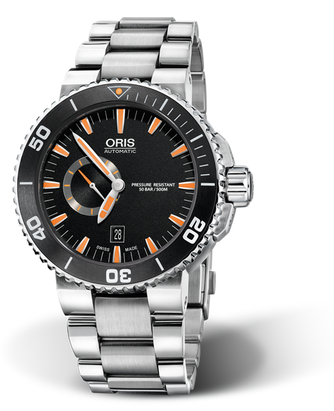 Aquis Small Second, Date, 46.00 mm, Black, Stainless steel Strap, Stainless steel screw-in security crown, Multi-piece stainless steel case, ceramic minutes scale top ring