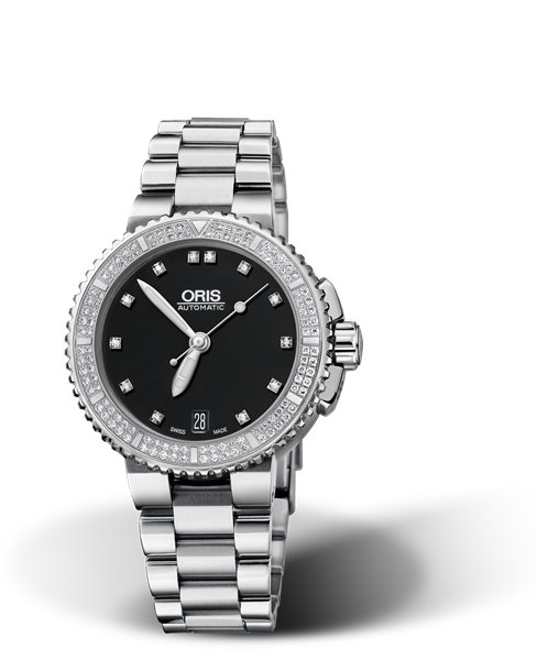 Aquis Date Diamonds, 36.00 mm, Black, Stainless steel Strap, Stainless steel screw-in security crown, Multi-piece stainless steel case, minute scale top ring, set with 118 Top Wesselton, VS 1 diamonds (0,6315 ct.)