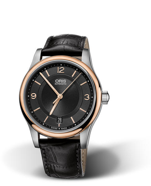 Classic Date, 37mm, Black, Leather Strap, Stainless steel crown, Multi-piece stainless steel case, rose gold PVD plated top ring