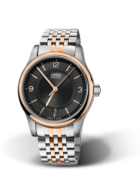 Classic Date, 37mm, Black, Stainless steel Strap, Stainless steel crown, Multi-piece stainless steel case, rose gold PVD plated top ring