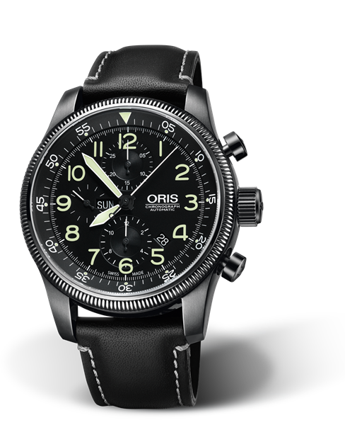 Big Crown Timer Chronograph, 46mm, Black, Leather Strap, Stainless steel screw-in security crown and pushers, grey PVD plated, Multi-piece stainless steel case, grey PVD plated