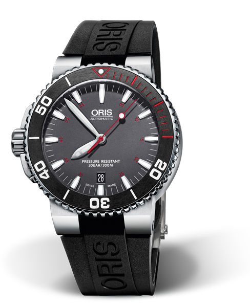 Aquis Red Limited Edition, 43.00 mm, Grey, Rubber Strap, Stainless steel screw-in security crown, Multi-piece stainless steel case, ceramic minutes scale top ring
