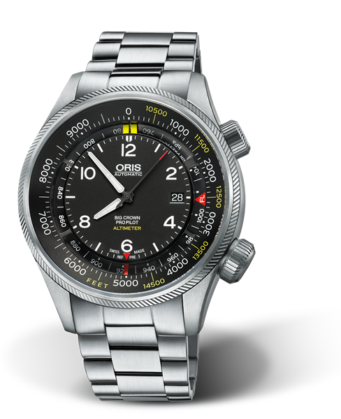Big Crown ProPilot Altimeter with Feet Scale, 47mm, Black, Stainless steel Strap, Stainless steel screw-in security crown, Multi-piece stainless steel case