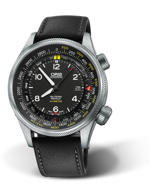 Big Crown ProPilot Altimeter with Meter Scale, 47mm, Black, Leather Strap, Stainless steel screw-in security crown, Multi-piece stainless steel case