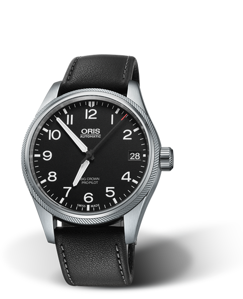 Big Crown ProPilot Big Date, 41.00 mm, Black, Leather Strap, Stainless steel screw-in security crown, Multi-piece stainless steel case