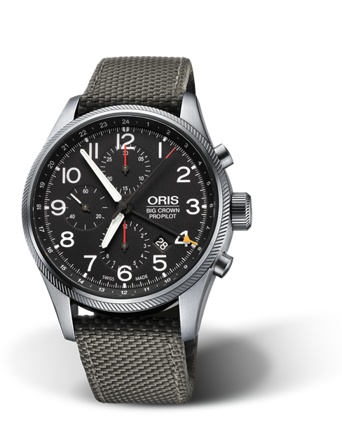 Big Crown ProPilot Chronograph GMT, 44mm, Black, Textile Strap, Stainless steel screw-in security crown and pushers, Multi-piece stainless steel case