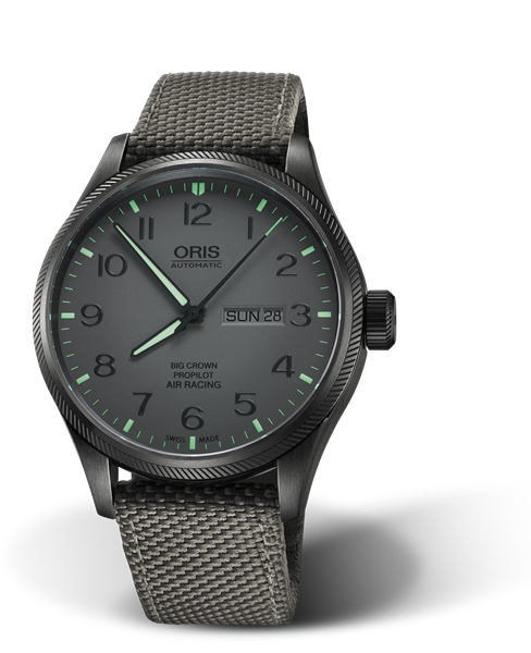 Air Racing Edition IV, 45mm, Grey, Textile Strap, Stainless steel screw-in security crown, black DLC plated, Multi-piece stainless steel case, black DLC plated