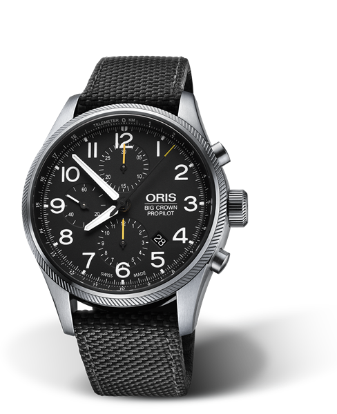 Big Crown ProPilot Chronograph, 44mm, Black, Textile Strap, Stainless steel screw-in security crown, Multi-piece stainless steel case