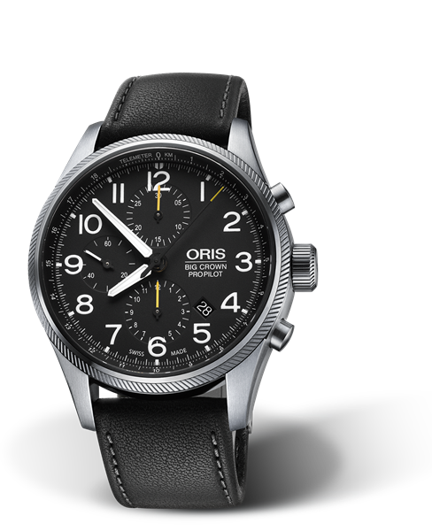 Big Crown ProPilot Chronograph, 44mm, Black, Leather Strap, Stainless steel screw-in security crown, Multi-piece stainless steel case