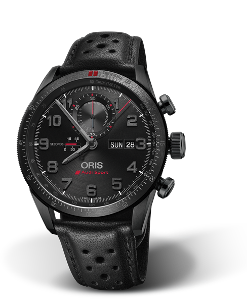 Audi Sport Limited Edition II, 44mm, Black, Leather Strap, Stainless steel screw-in security crown and pushers, black DLC plated, Multi-piece titanium case, black DLC plated, ceramic minutes scale top ring