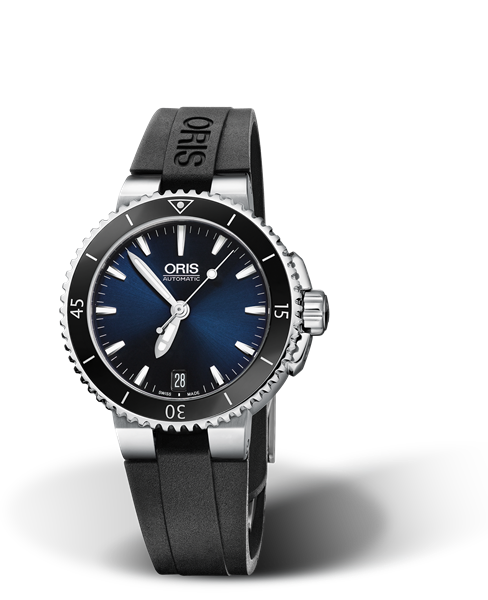 Aquis Date, 36.00 mm, Blue, Rubber Strap, Stainless steel screw-in security crown, Multi-piece stainless steel case, ceramic minutes scale top ring