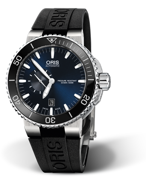 Aquis Small Second, Date, 46.00 mm, Blue, Rubber Strap, Stainless steel screw-in security crown, Multi-piece stainless steel case, ceramic minutes scale top ring
