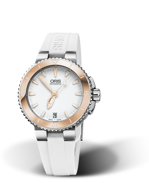 Aquis Date, 36.00 mm, White, Rubber Strap, Stainless steel screw-in security crown, Multi-piece stainless steel case, Cermet minutes scale top ring