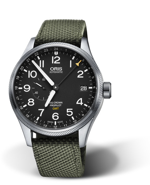 Big Crown ProPilot GMT, Small Second, 45mm, Black, Textile Strap, Stainless steel screw-in security crown, Multi-piece stainless steel case