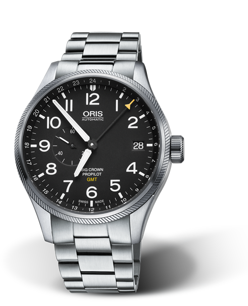 Big Crown ProPilot GMT, Small Second, 45mm, Black, Stainless steel Strap, Stainless steel screw-in security crown, Multi-piece stainless steel case