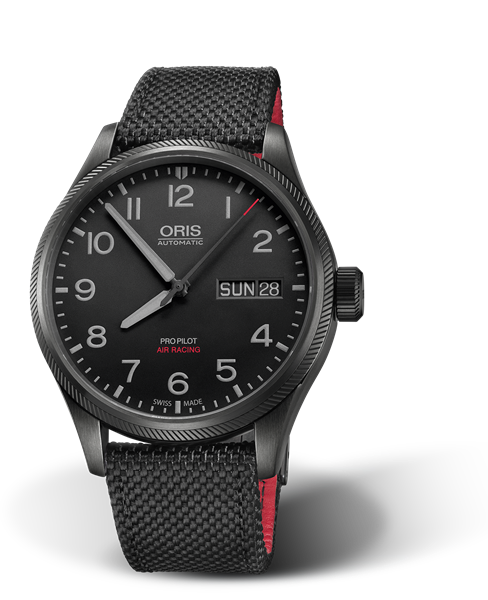 Air Racing Edition V, 45mm, Black, Textile Strap, Stainless steel screw-in security crown, black DLC plated, Multi-piece stainless steel case, black DLC plated