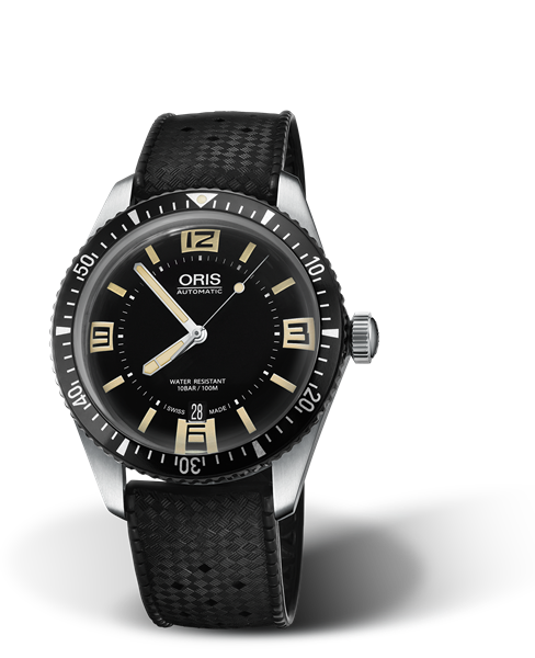 Divers Sixty-Five, 40.00 mm, Black, Rubber Strap, Stainless steel screw-in security crown, Multi-piece stainless steel case, minutes scale top ring