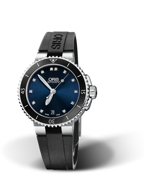 Aquis Date Diamonds, 36.00 mm, Blue, Rubber Strap, Stainless steel screw-in security crown, Multi-piece stainless steel case, ceramic minutes scale top ring