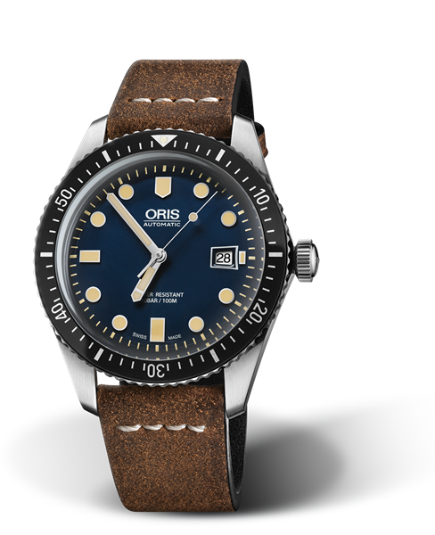 Divers Sixty-Five, 42.00 mm, Blue, Leather Strap, Stainless steel screw-in security crown, Multi-piece stainless steel case, minutes scale top ring