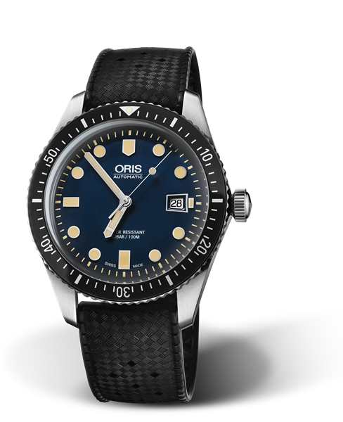 Divers Sixty-Five, 42.00 mm, Blue, Rubber Strap, Stainless steel screw-in security crown, Multi-piece stainless steel case, minutes scale top ring