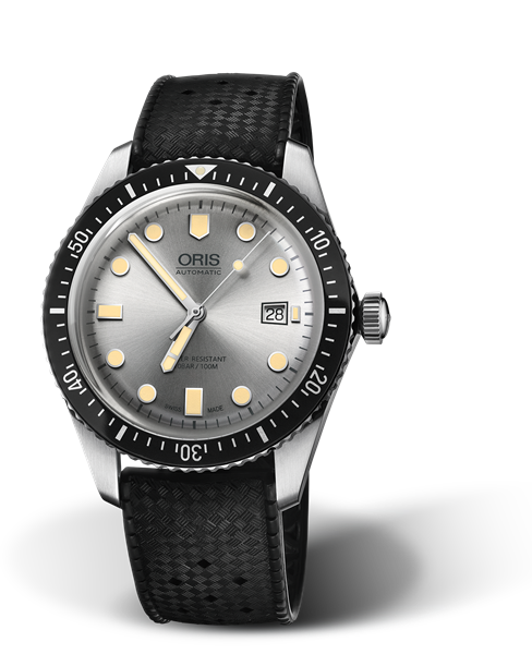 Divers Sixty-Five, 42.00 mm, Grey, Rubber Strap, Stainless steel screw-in security crown, Multi-piece stainless steel case, minutes scale top ring