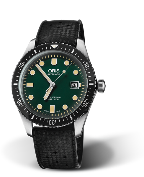 Divers Sixty-Five, 42.00 mm, Green, Rubber Strap, Stainless steel screw-in security crown, Multi-piece stainless steel case, minutes scale top ring