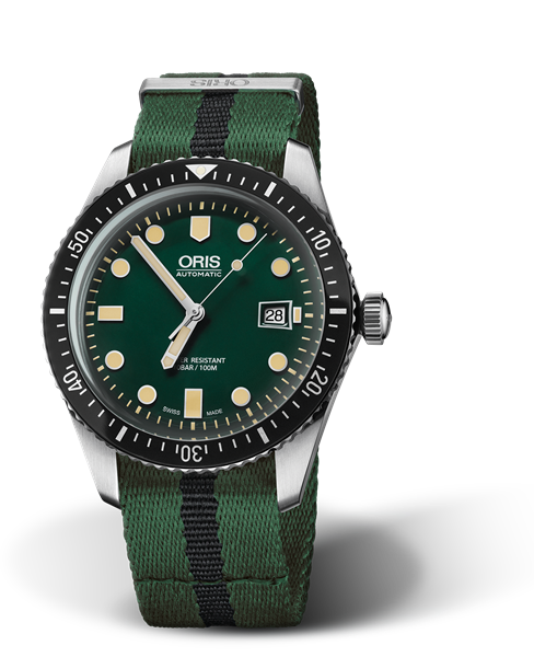 Divers Sixty-Five, 42.00 mm, Green, Textile Strap, Stainless steel screw-in security crown, Multi-piece stainless steel case, minutes scale top ring