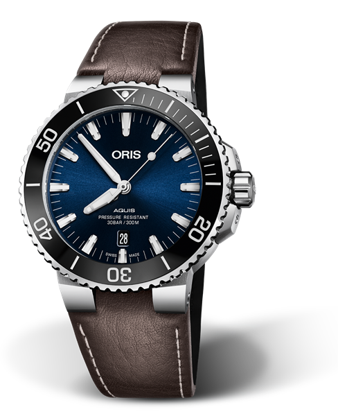 Aquis Date, 43.50 mm, Blue, Leather Strap, Stainless steel screw-in security crown, Multi-piece stainless steel case, ceramic minutes scale top ring