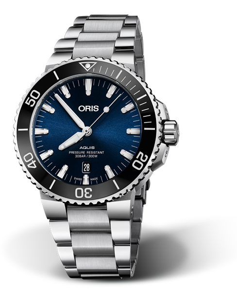 Aquis Date, 43.50 mm, Blue, Stainless steel Strap, Stainless steel screw-in security crown, Multi-piece stainless steel case, ceramic minutes scale top ring