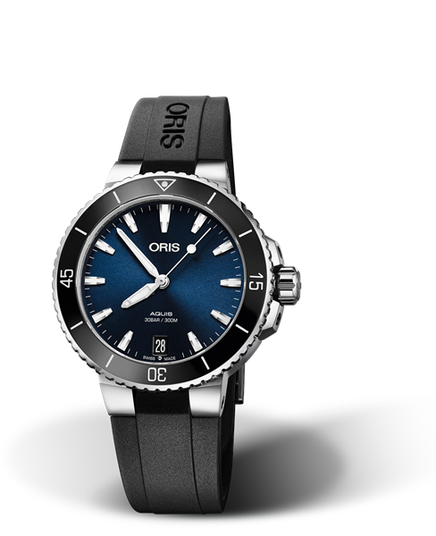 Aquis Date, 36.50 mm, Blue, Rubber Strap, Stainless steel screw-in security crown, Multi-piece stainless steel case, ceramic minutes scale top ring