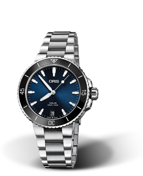 Aquis Date, 36.50 mm, Blue, Stainless steel Strap, Stainless steel screw-in security crown, Multi-piece stainless steel case, ceramic minutes scale top ring