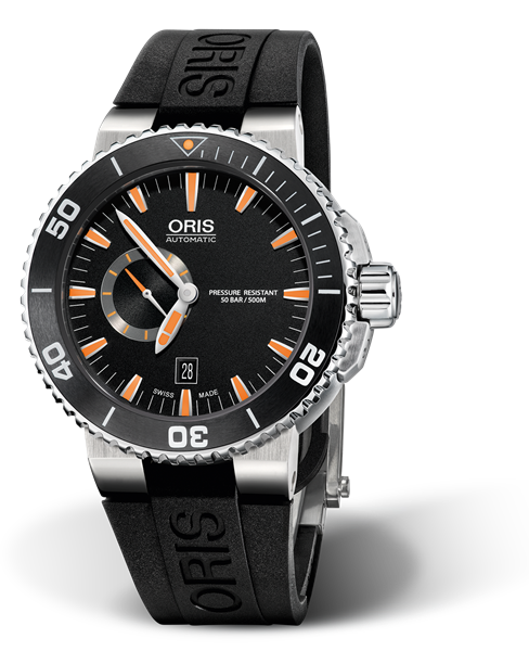 Aquis Small Second, Date, 46.00 mm, Black, Rubber Strap, Stainless steel screw-in security crown, Multi-piece stainless steel case, ceramic minutes scale top ring