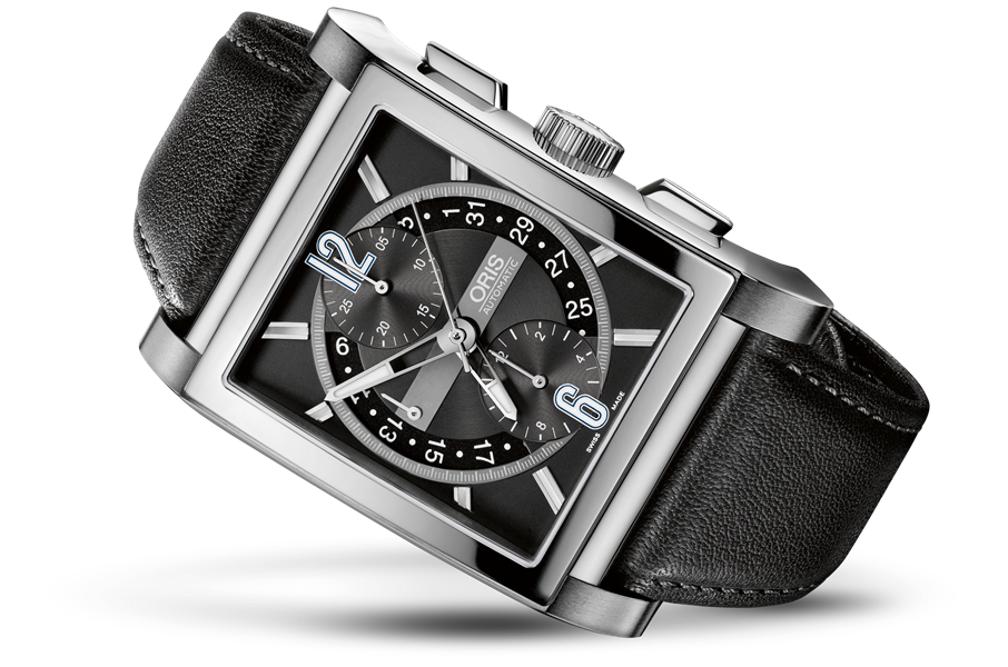 Rectangular Titan Chronograph, Black, Leather Strap