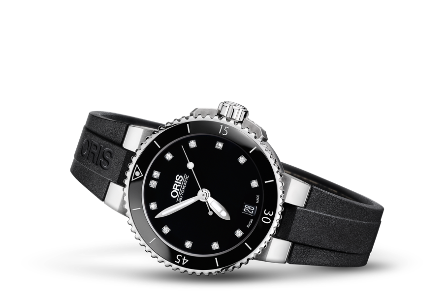 Aquis Date Diamonds, Black, Rubber Strap