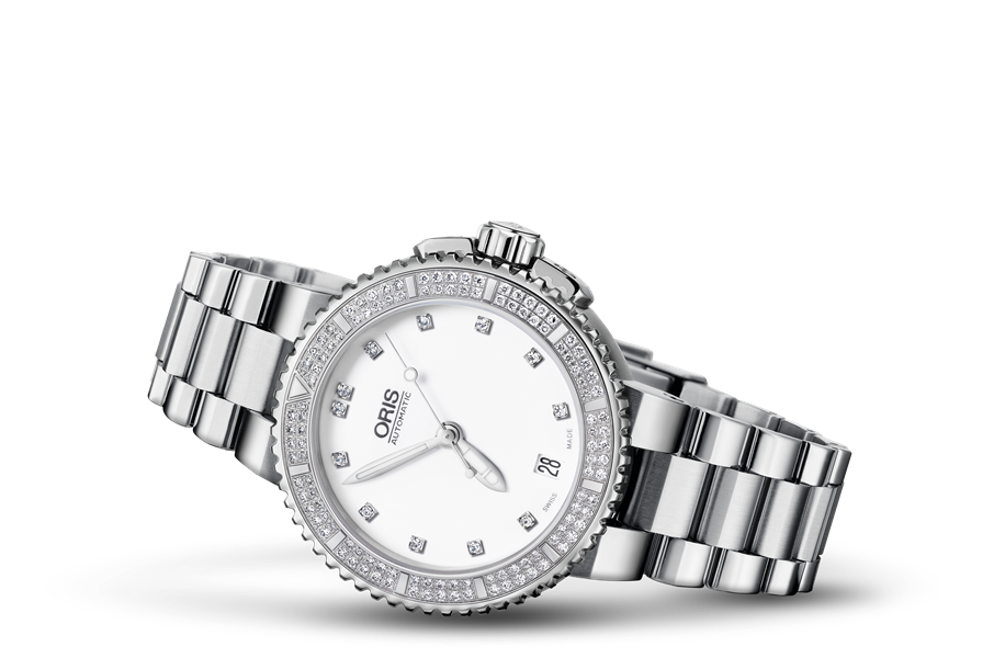 Aquis Date Diamonds, White, Stainless steel Strap