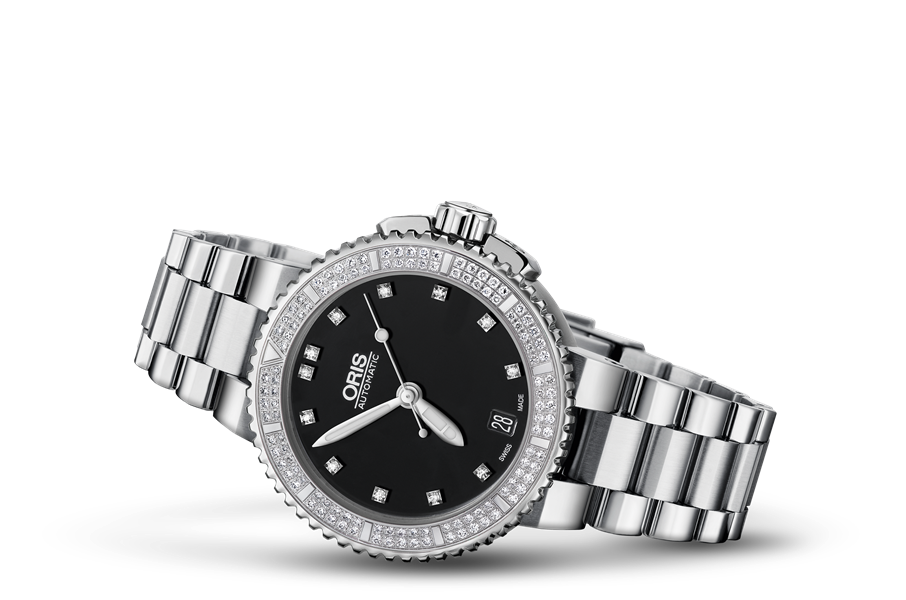 Aquis Date Diamonds, Black, Stainless steel Strap