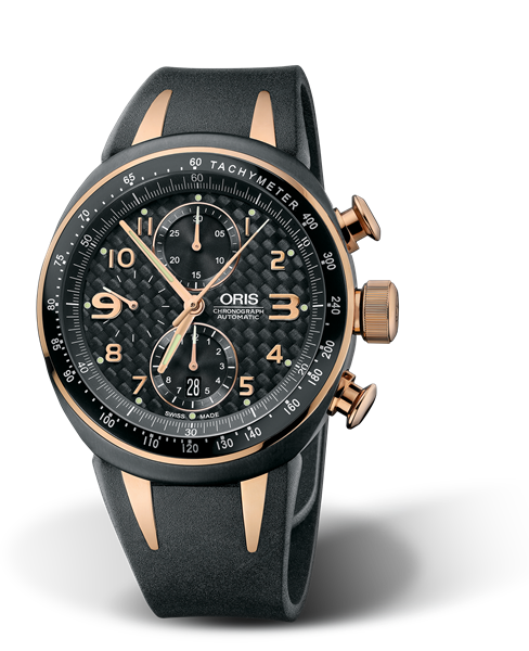 TT3 Chronograph, 42.50mm, Black, Rubber Strap, Stainless steel, rose gold plated Oris Quick Lock security crown and pushers, Multi-piece titanium case, black plated, tachymeter scale top ring