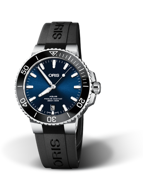 Aquis Date, 39.50 mm, Blue, Rubber Strap, Stainless steel screw-in security crown, Multi-piece stainless steel case, ceramic minutes scale top ring