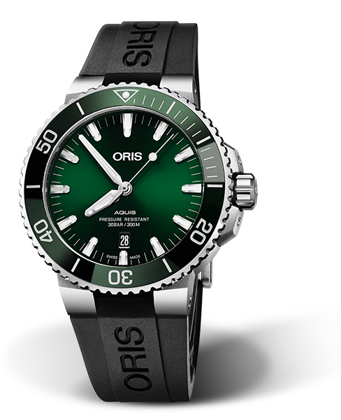 Aquis Date, 43.50 mm, Green, Rubber Strap, Stainless steel screw-in security crown, Multi-piece stainless steel case, ceramic minutes scale top ring