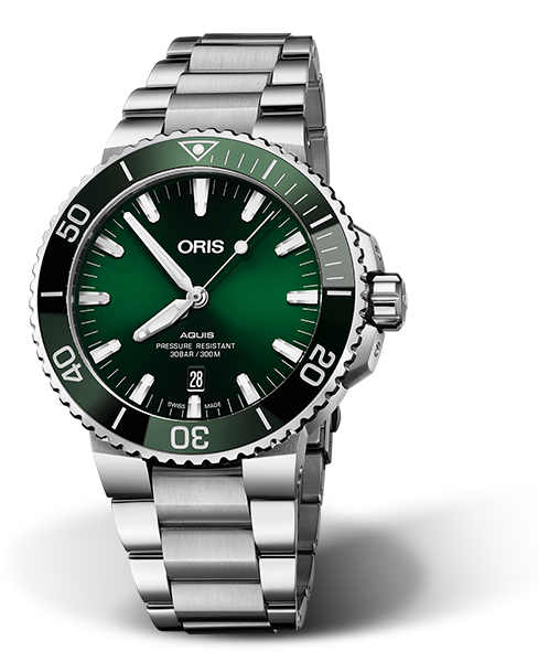 Aquis Date, 43.50 mm, Green, Stainless steel Strap, Stainless steel screw-in security crown, Multi-piece stainless steel case, ceramic minutes scale top ring
