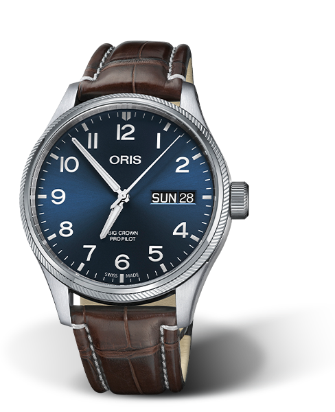 Big Crown ProPilot Big Day Date, 45mm, Blue, Leather Strap, Stainless steel screw-in security crown, Multi-piece stainless steel case