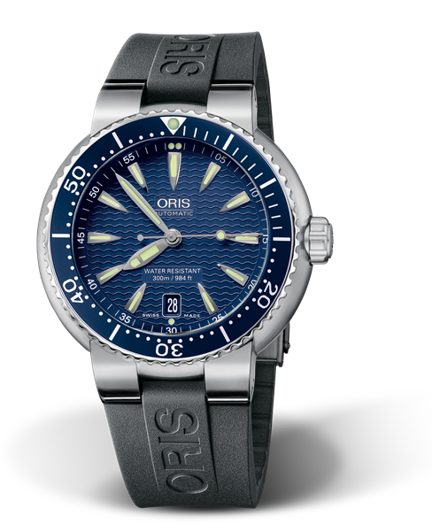 Divers Date, 44.00 mm, Blue, Rubber Strap, Stainless steel screw-in security crown, Multi-piece stainless steel case, minutes scale top ring