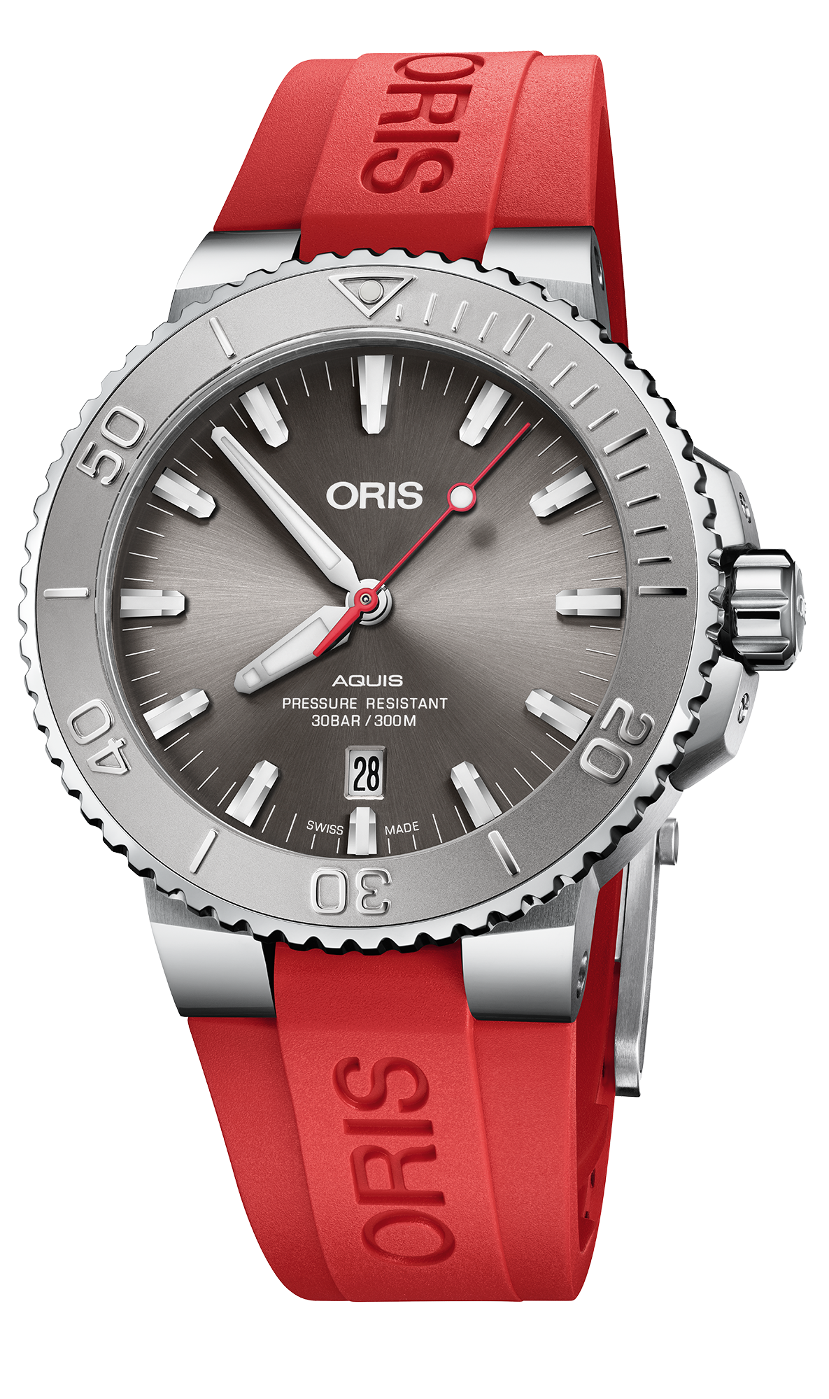 Aquis Date Relief, 43.50 mm, Grey, Rubber Strap, Stainless steel screw-in security crown, Multi-piece stainless steel case, minutes scale top ring