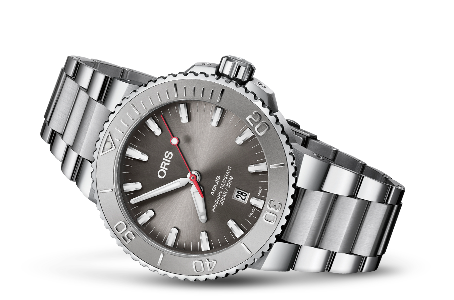Aquis Date Relief, Grey, Stainless steel Strap