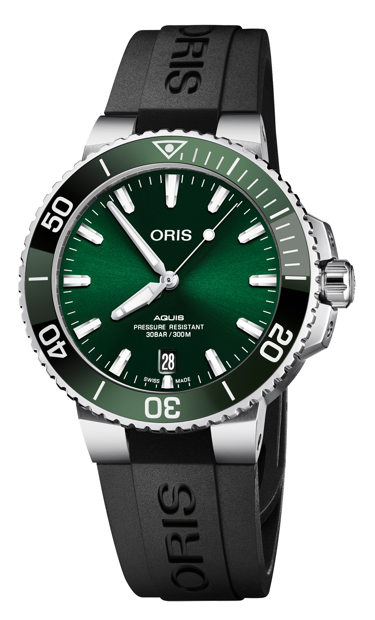 Aquis Date, 39.50 mm, Green, Rubber Strap, , Multi-piece stainless steel case, ceramic minutes scale top ring